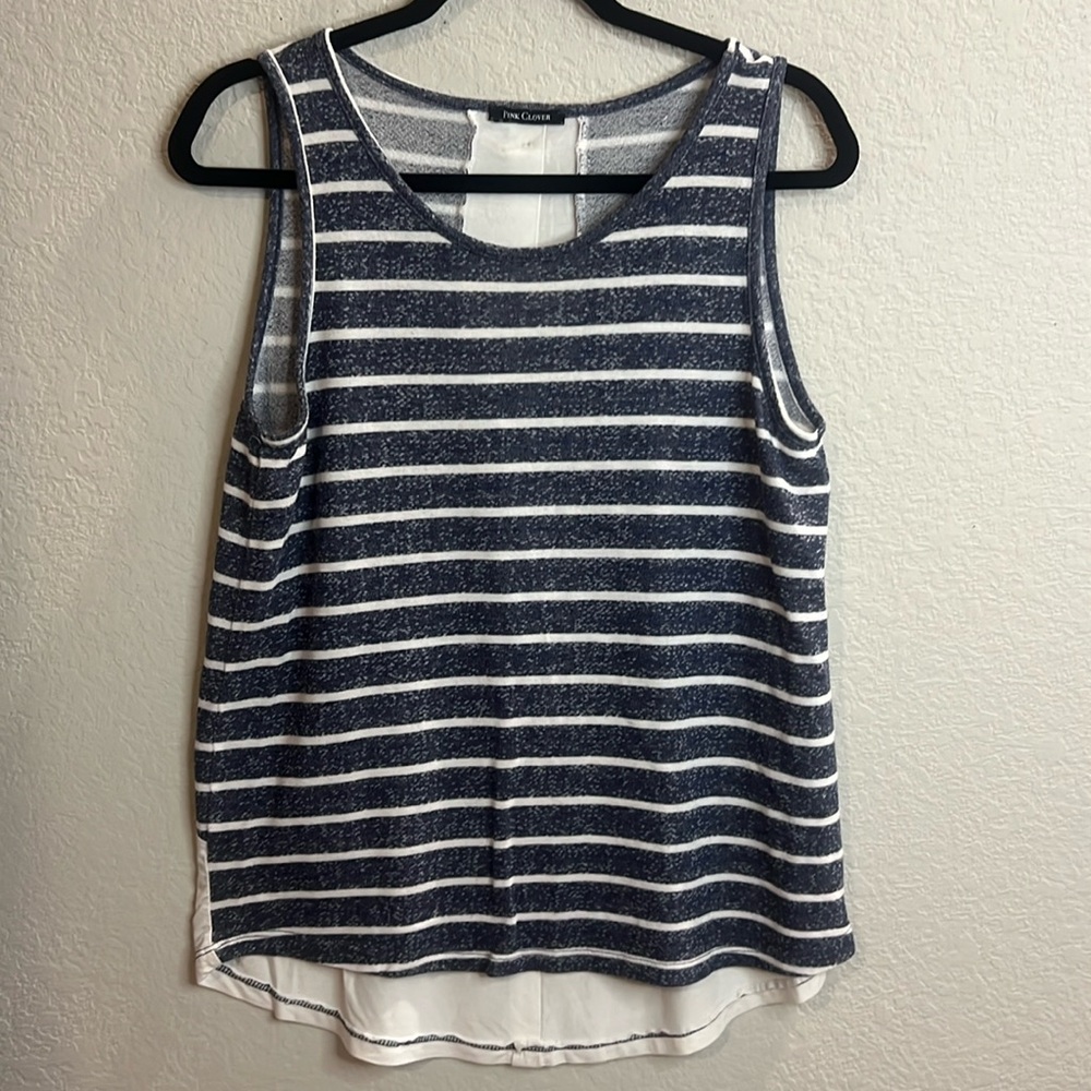 Pink Clover Button Down Back Sleeveless Top white navy women's size L comfy
